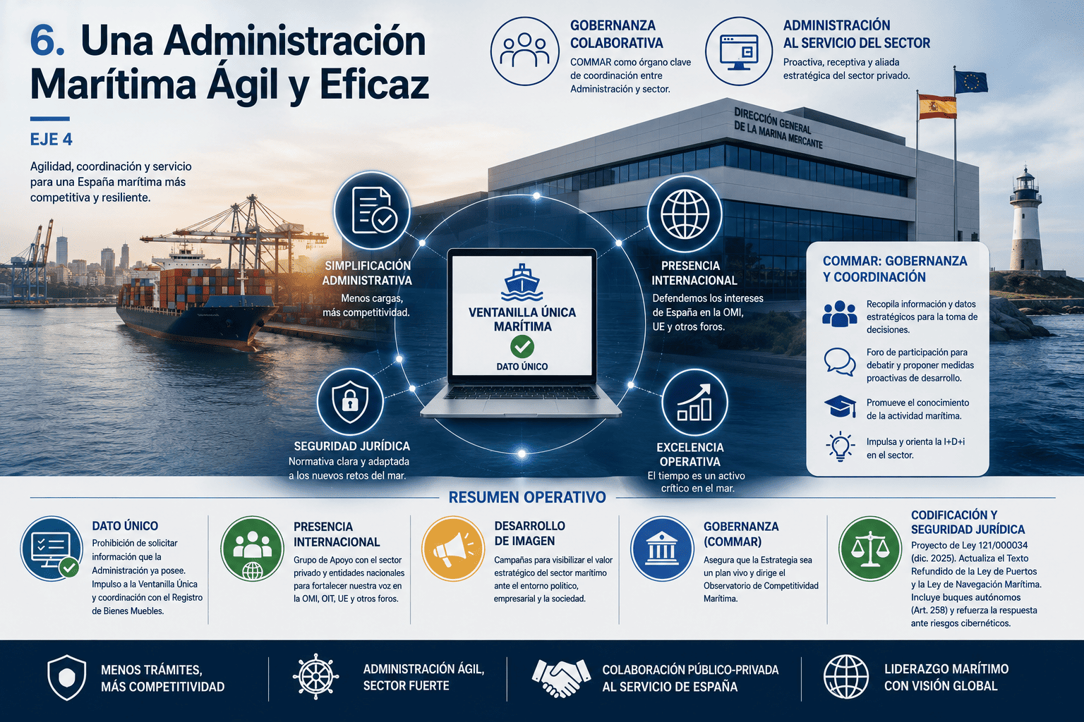 Análisis de la Estrategia Marítima de España 2025-2050: Amenazas y Claves para el Futuro del Sector 11 Infografía sobre Administración marítima ágil y eficaz en España: ventanilla única, dato único, coordinación institucional, seguridad jurídica y gobernanza del sector marítimo.
