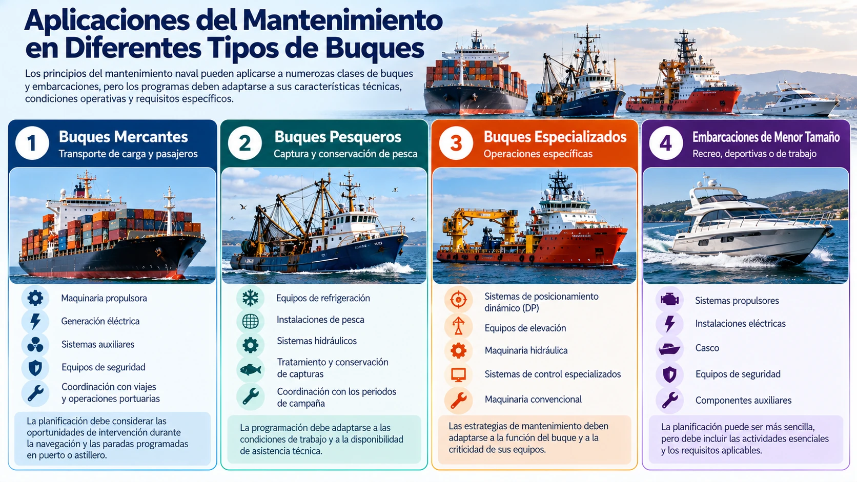 Mantenimiento Naval: Guía Completa del Mantenimiento del Buque 24 Infografía sobre el mantenimiento naval en buques mercantes, pesqueros, especializados y embarcaciones de menor tamaño, con sus principales equipos y necesidades de mantenimiento.