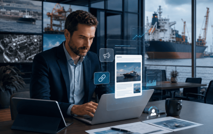 Imagen destacada sobre artículos patrocinados para empresas navales, con profesional analizando contenido digital, métricas de marketing y material técnico del sector marítimo en una oficina con vista al puerto