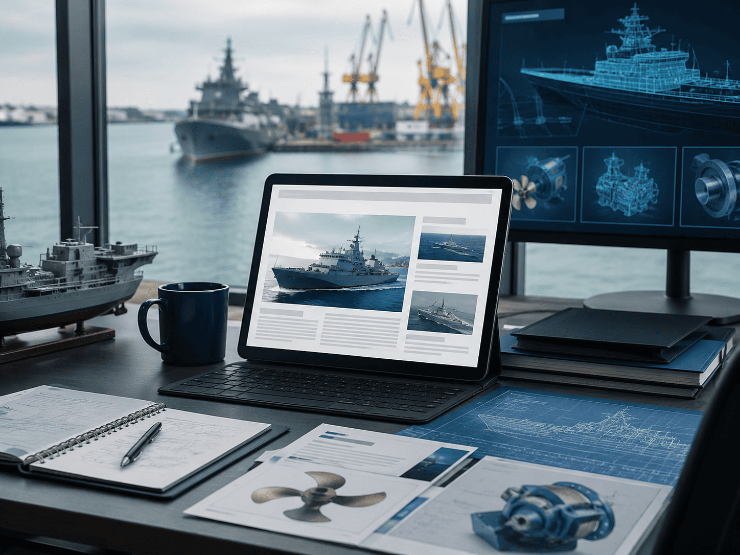 Imagen sobre art&iacute;culos patrocinados para empresas navales, con contenido t&eacute;cnico en una tablet, planos de ingenier&iacute;a, componentes mar&iacute;timos y un puerto industrial de fondo
