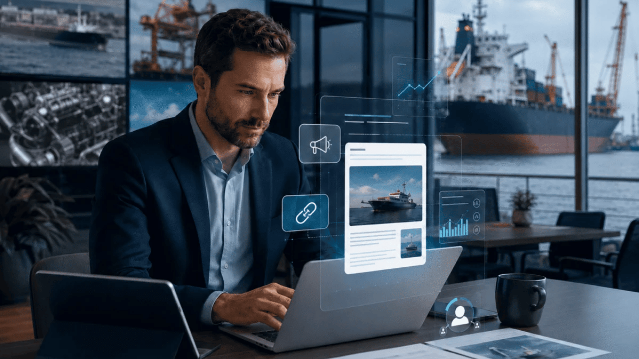 Ingeniero Marino 13 Imagen destacada sobre artículos patrocinados para empresas navales, con profesional analizando contenido digital, métricas de marketing y material técnico del sector marítimo en una oficina con vista al puerto
