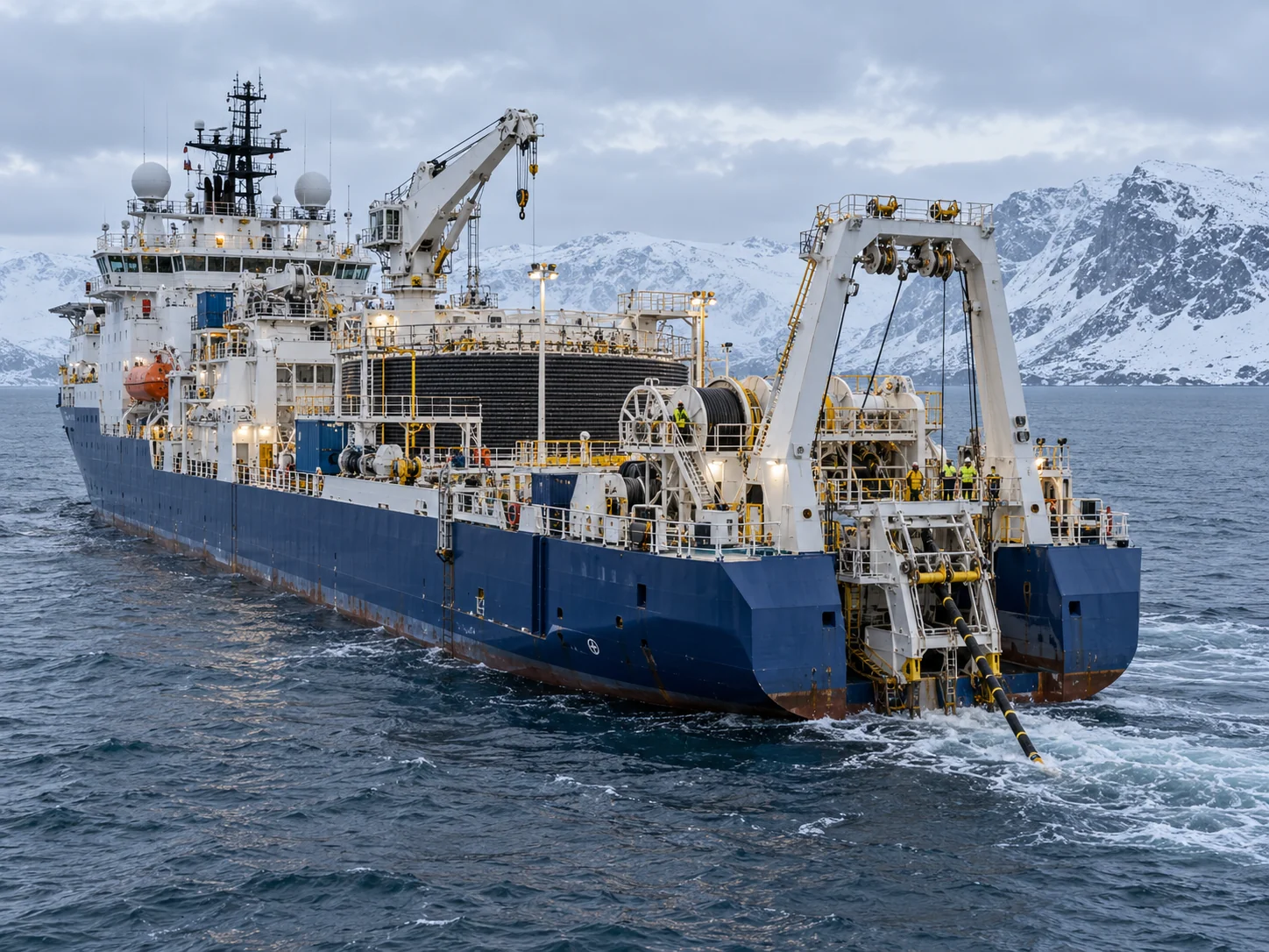 Buque cablero especializado realizando operaciones de tendido de cables submarinos en aguas árticas, con equipos de cubierta y maquinaria de cableado.