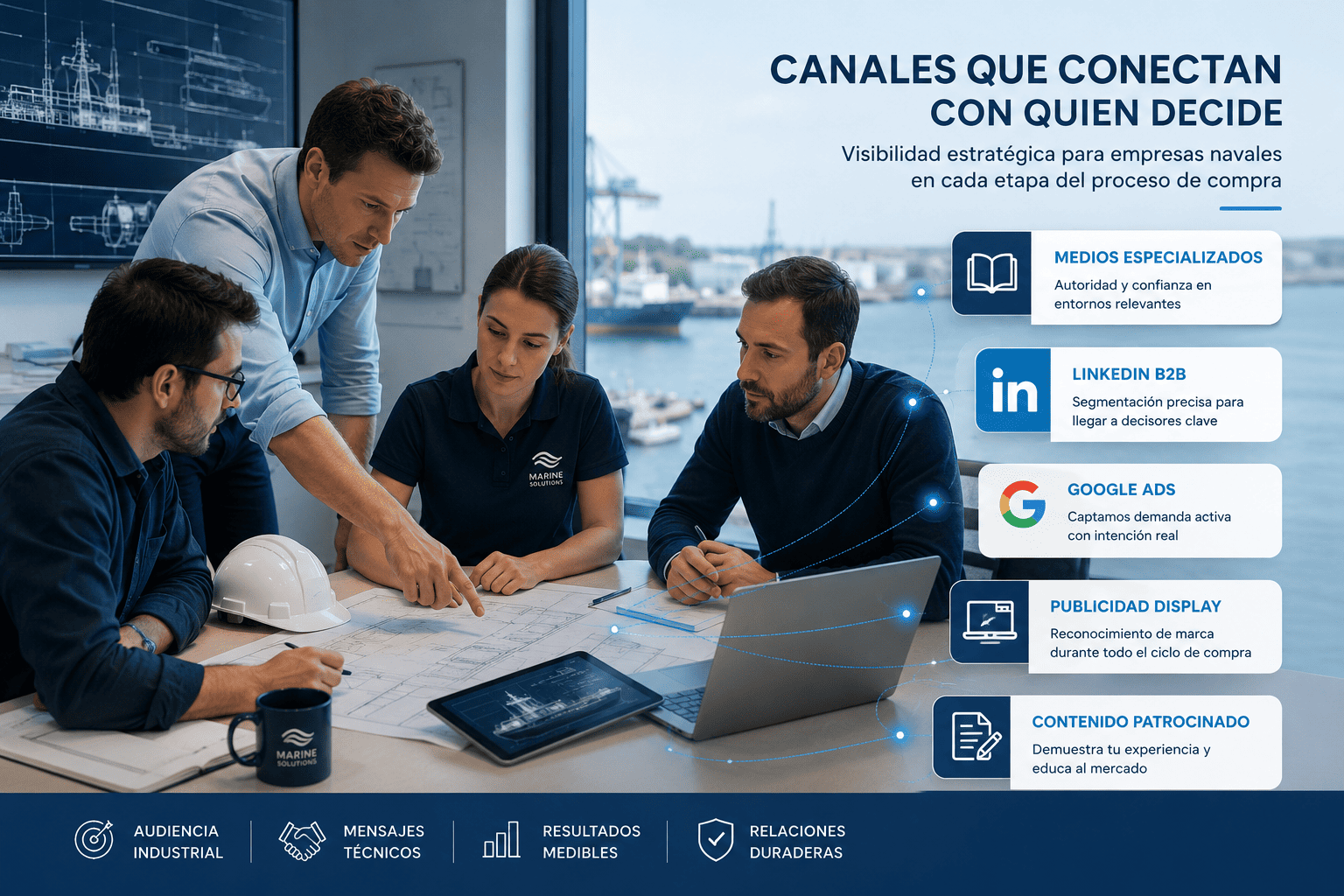 Publicidad B2B para Empresas del Sector Naval: Cómo Llegar a Decisores y Generar Leads de Calidad 8 Equipo del sector naval analizando medios especializados, LinkedIn, Google Ads, publicidad display y contenido patrocinado para captar clientes industriales