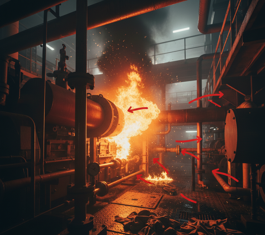 Contacto físico de llama y combustión directa en teoría del fuego de sala de máquinas.