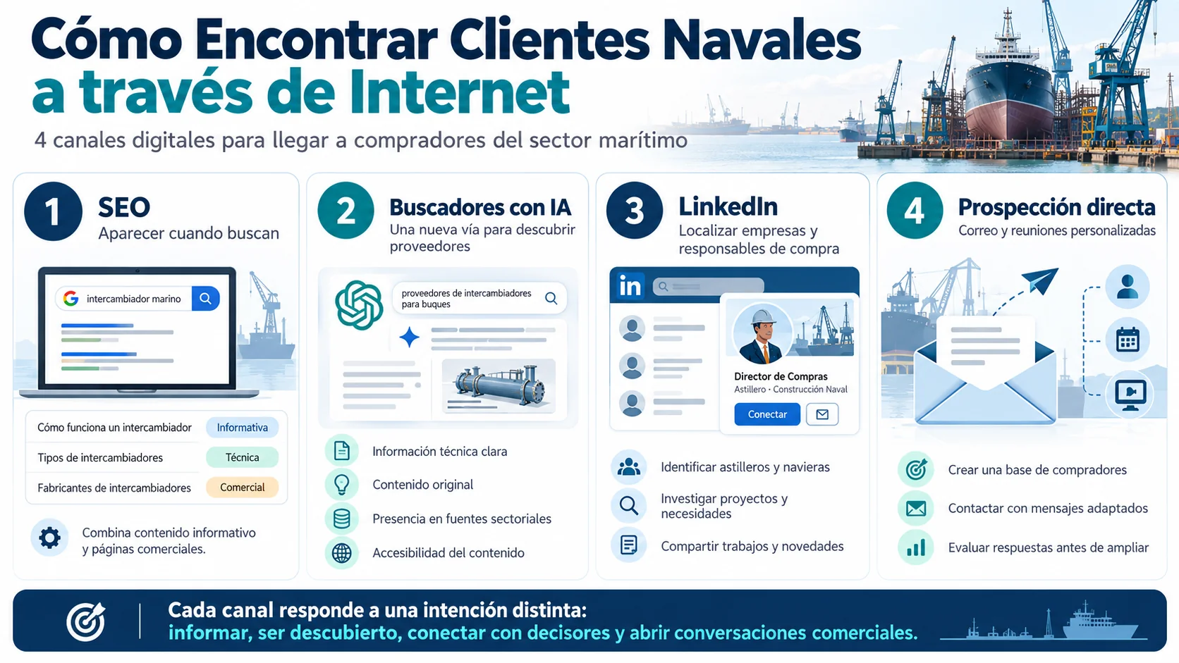 Cómo Conseguir Clientes para una Empresa Naval: Estrategias de Captación B2B 4 Infografía sobre cómo encontrar clientes navales a través de internet mediante SEO, buscadores con IA, LinkedIn y prospección comercial directa.