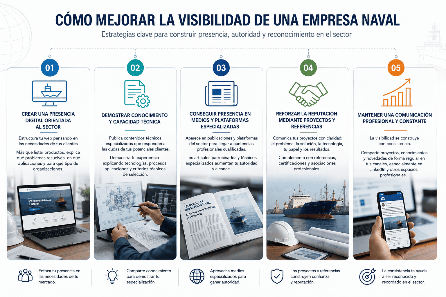 Cómo Mejorar la Visibilidad de una Empresa Naval 9 Infografía sobre cómo mejorar la visibilidad de una empresa naval mediante presencia digital, autoridad técnica, medios especializados, reputación y comunicación constante