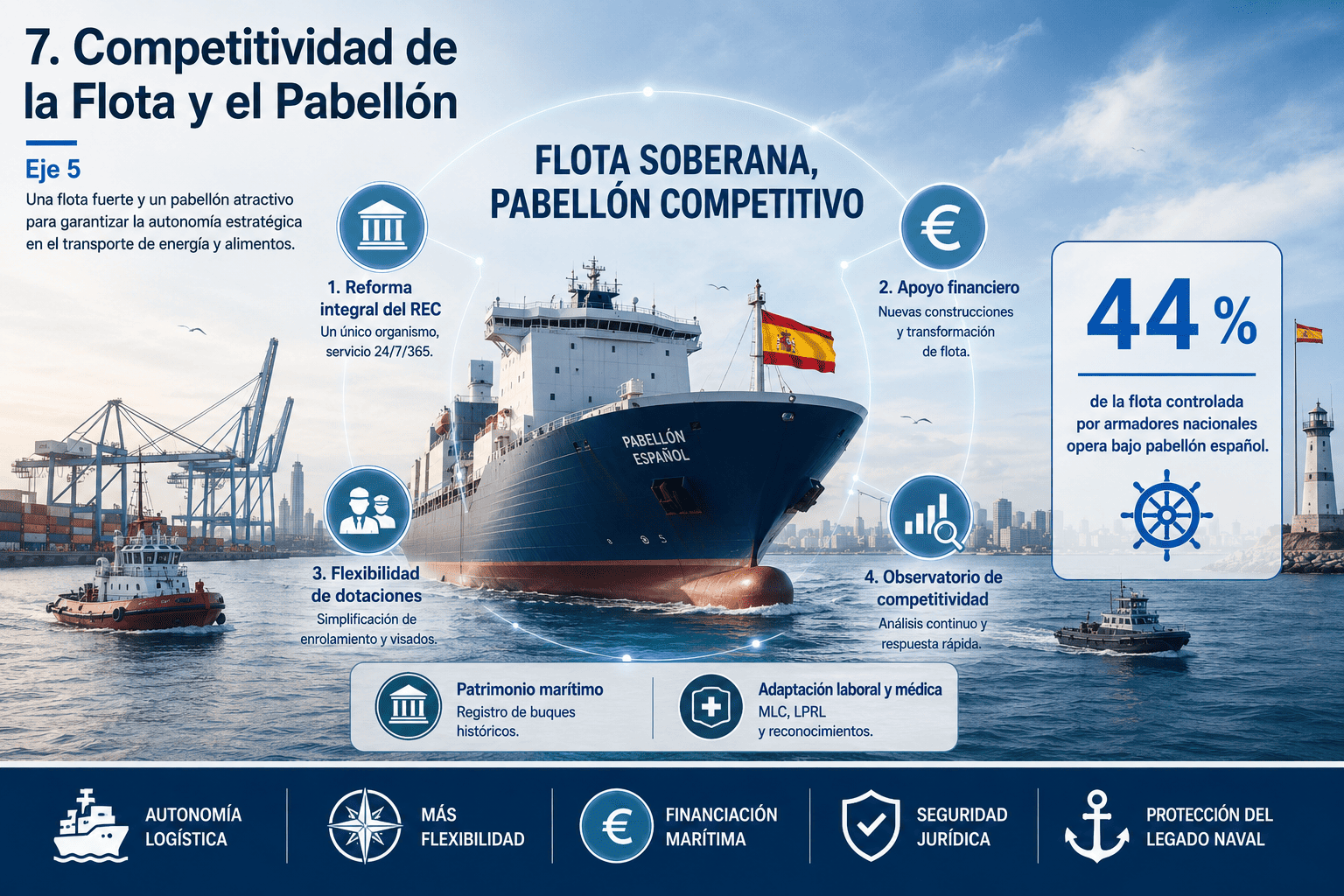 Análisis de la Estrategia Marítima de España 2025-2050: Amenazas y Claves para el Futuro del Sector 12 Infografía sobre Competitividad de la flota y del pabellón marítimo en España: autonomía estratégica, reforma del REC, apoyo financiero, flexibilidad operativa y protección del patrimonio naval.