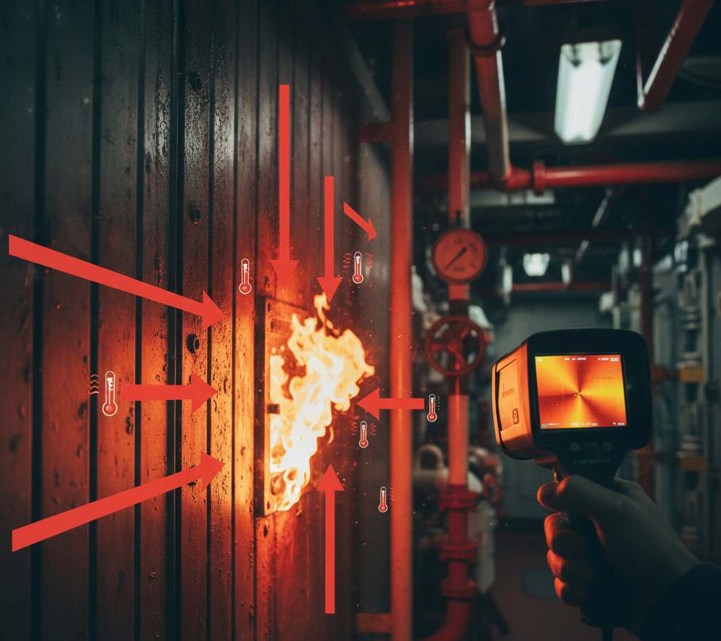 Propagación por conducción en mamparos según la teoría del fuego naval.