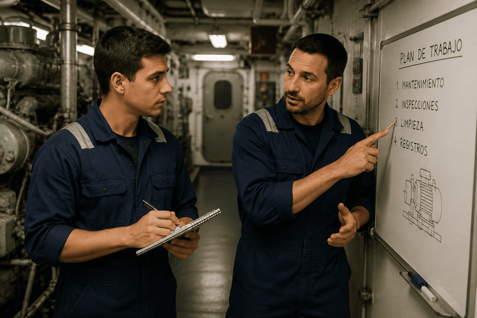 Nuevo marino recibiendo indicaciones de un compa&ntilde;ero en la sala de m&aacute;quinas durante su primer embarque.