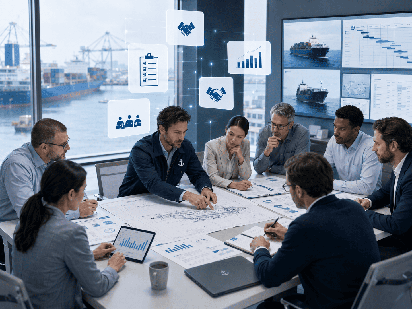 decision-contratacion-proveedores-empresas-navales Equipo de una empresa naval coordinando la evaluación técnica, económica y operativa de distintos proveedores