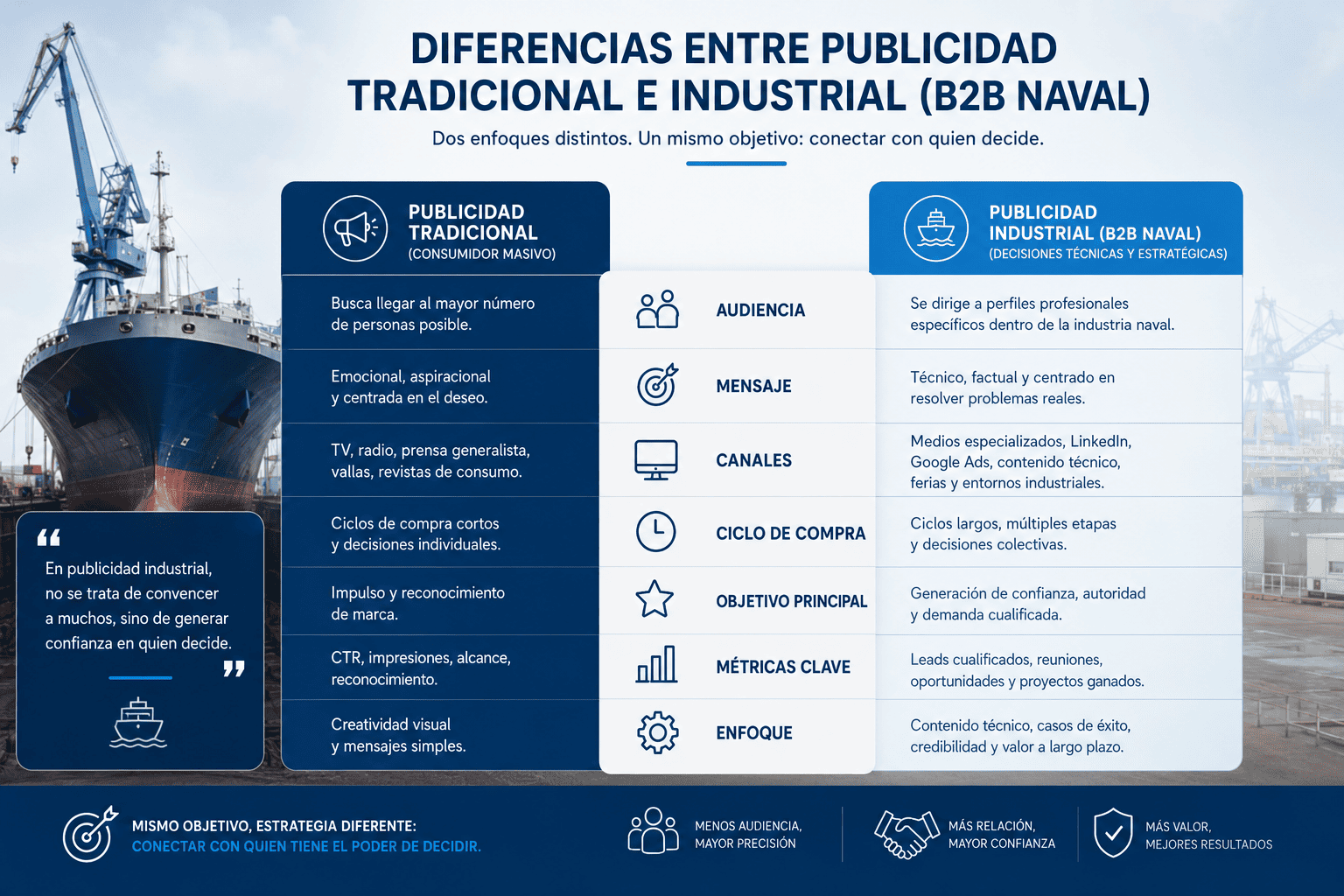 Publicidad B2B para Empresas del Sector Naval: Cómo Llegar a Decisores y Generar Leads de Calidad 10 Infografía comparativa sobre las diferencias entre publicidad tradicional y publicidad industrial B2B para empresas del sector naval