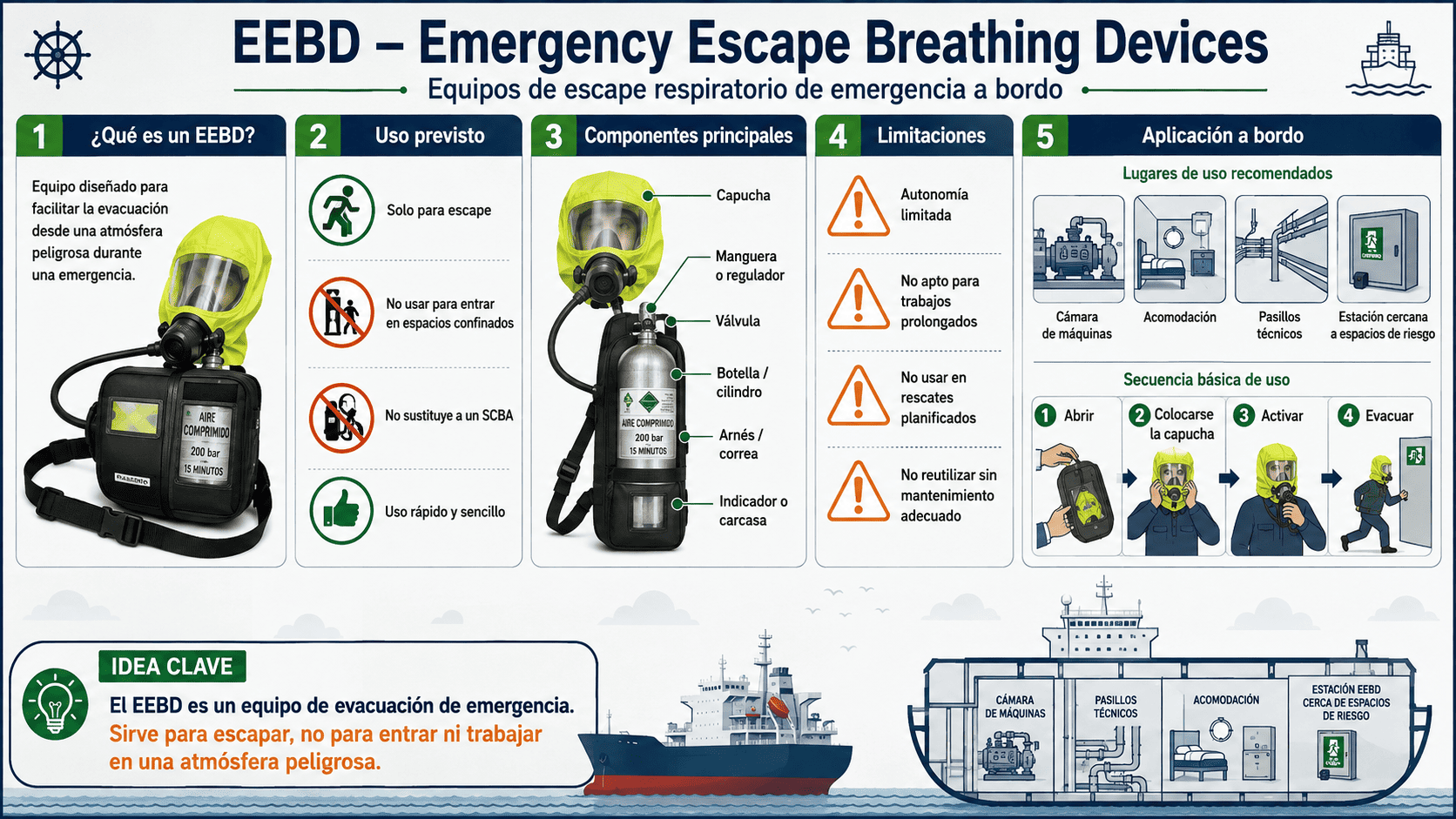 Espacios Cerrados o Confinados en Buques: Riesgos, Entrada Segura, Equipos y Normativa 28 EEBD Emergency Escape Breathing Device para evacuación de emergencia a bordo de un buque en atmósferas peligrosas