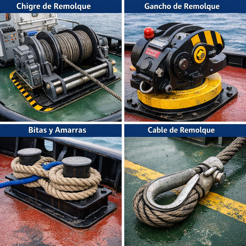 elementos de remolque de un remolcador Cuatro elementos de remolque en un remolcador: chigre de remolque con tambores y cable enrollado, gancho de remolque robusto cerca del centro de resistencia lateral, bitas de amarre con cabos sujetos en cubierta, y cable de remolque de acero preparado para enganchar buques. Equipos clave para maniobras portuarias, remolque y seguridad marítima