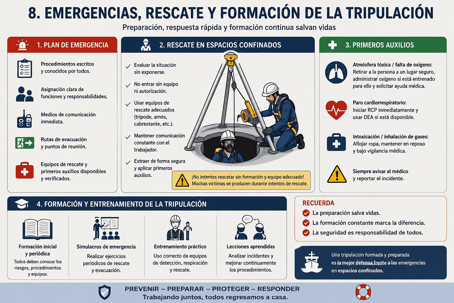 Espacios Cerrados o Confinados en Buques: Riesgos, Entrada Segura, Equipos y Normativa 30 Emergencias, rescate y formación de la tripulación en espacios confinados a bordo de un buque, incluyendo plan de emergencia, rescate seguro, primeros auxilios y simulacros