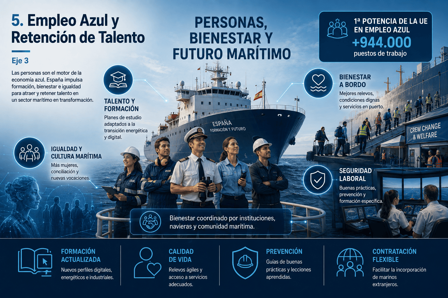 Análisis de la Estrategia Marítima de España 2025-2050: Amenazas y Claves para el Futuro del Sector 10 Infografía sobre el Empleo azul y retención de talento en el sector marítimo español: formación, bienestar a bordo, igualdad, seguridad laboral y captación de nuevos profesionales.