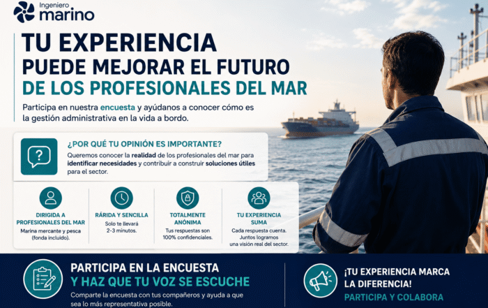 Ingeniero Marino 7 Profesional de la marina mercante observando el mar desde la cubierta de un buque junto a un llamamiento para participar en una encuesta de IngenieroMarino.com dirigida a profesionales del sector marítimo.