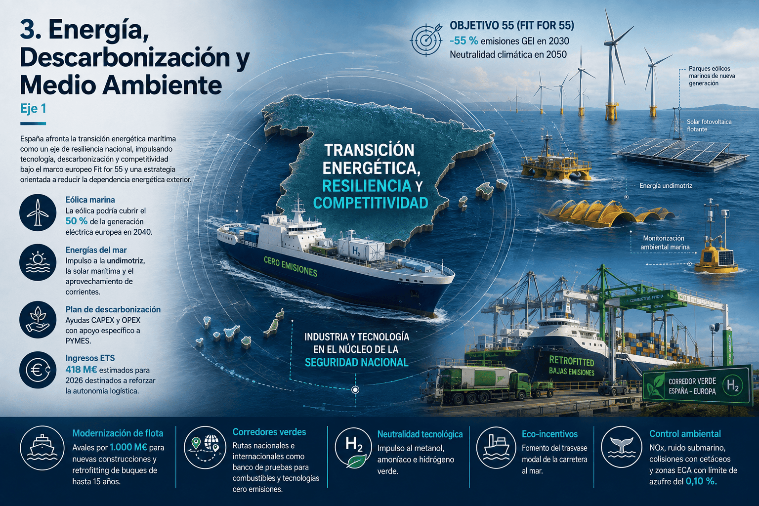 Análisis de la Estrategia Marítima de España 2025-2050: Amenazas y Claves para el Futuro del Sector 8 Infografía sobre Energía, descarbonización y medio ambiente en el sector marítimo español: Fit for 55, combustibles alternativos, corredores verdes, eólica marina y control de emisiones.