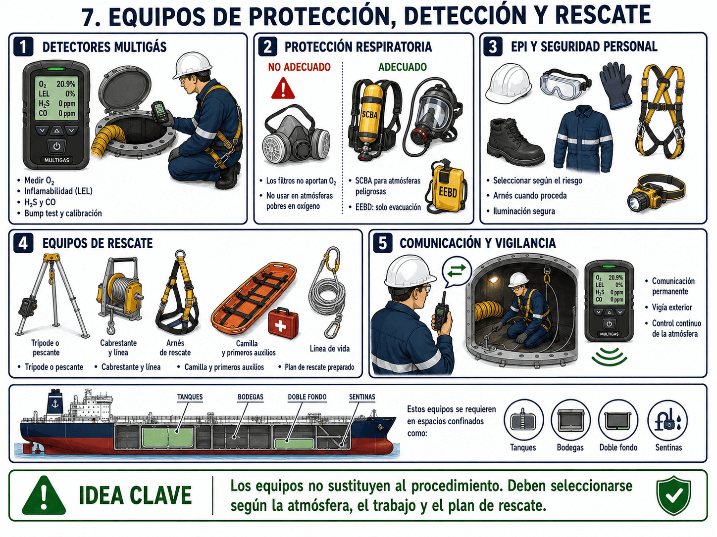 Espacios Cerrados o Confinados en Buques: Riesgos, Entrada Segura, Equipos y Normativa 25 Equipos de protección, detección y rescate para trabajos en espacios confinados a bordo de un buque, incluyendo detector multigás, SCBA, arnés, trípode y cabrestante