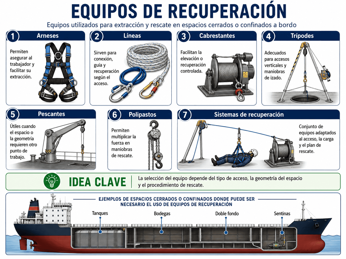 Espacios Cerrados o Confinados en Buques: Riesgos, Entrada Segura, Equipos y Normativa 29 Equipos de recuperación para espacios confinados a bordo de un buque, incluyendo arneses, líneas, cabrestantes, trípodes, pescantes y polipastos