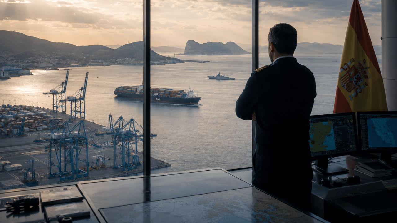 Análisis de la Estrategia Marítima de España 2025-2050: Amenazas y Claves para el Futuro del Sector 6 Análisis de la Estrategia Marítima de España 2025-2050 desde un centro de control con vista al puerto de Algeciras