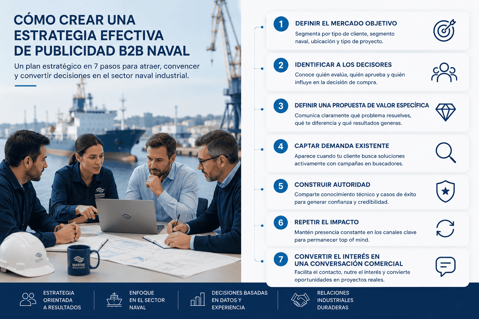Publicidad B2B para Empresas del Sector Naval: Cómo Llegar a Decisores y Generar Leads de Calidad 9 Infografía con siete pasos para crear una estrategia efectiva de publicidad B2B naval y generar oportunidades comerciales