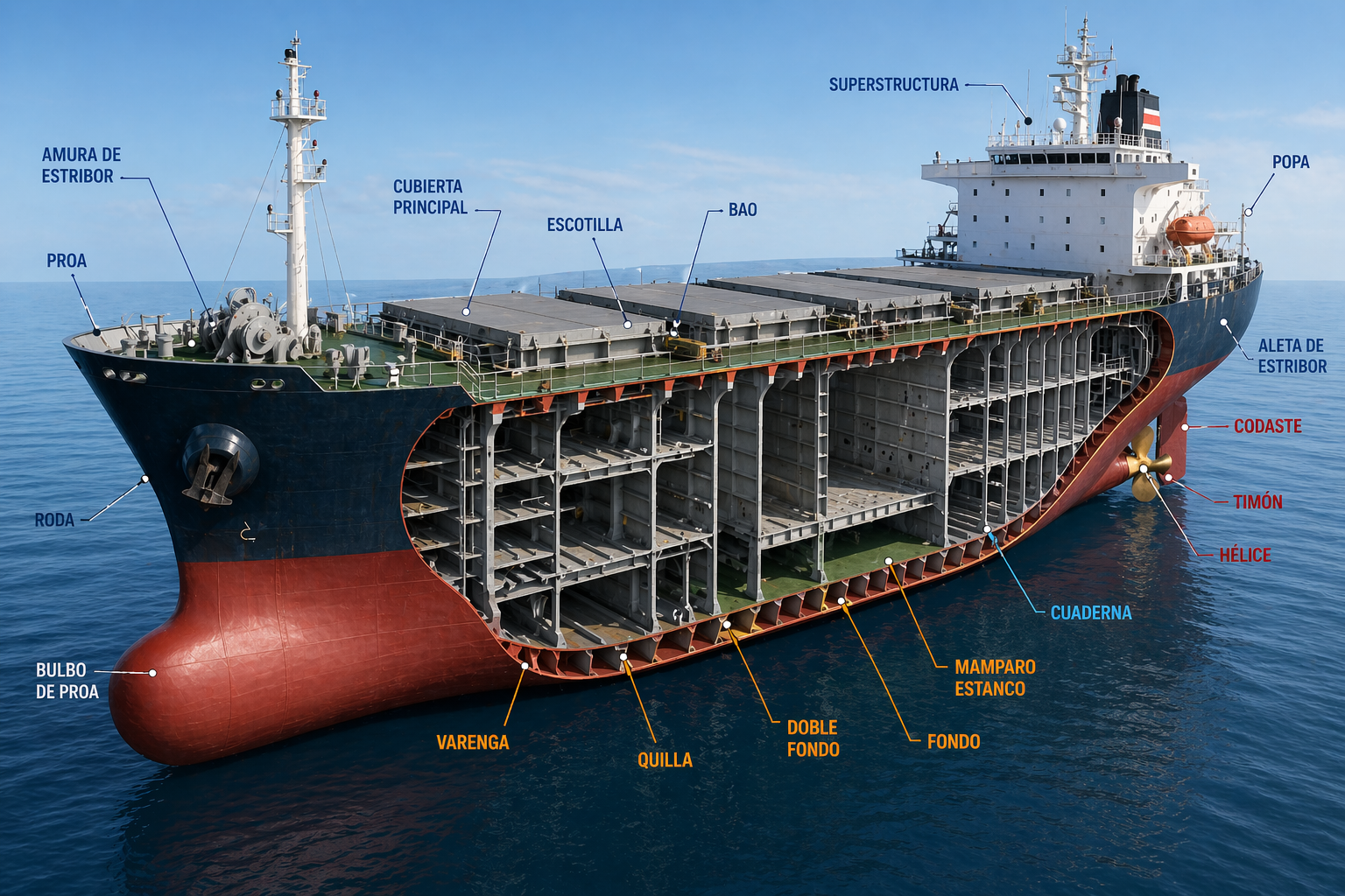 estructura de un buque con partes del barco identificadas corte transversal casco proa popa quilla doble fondo y elementos estructurales de construcción naval