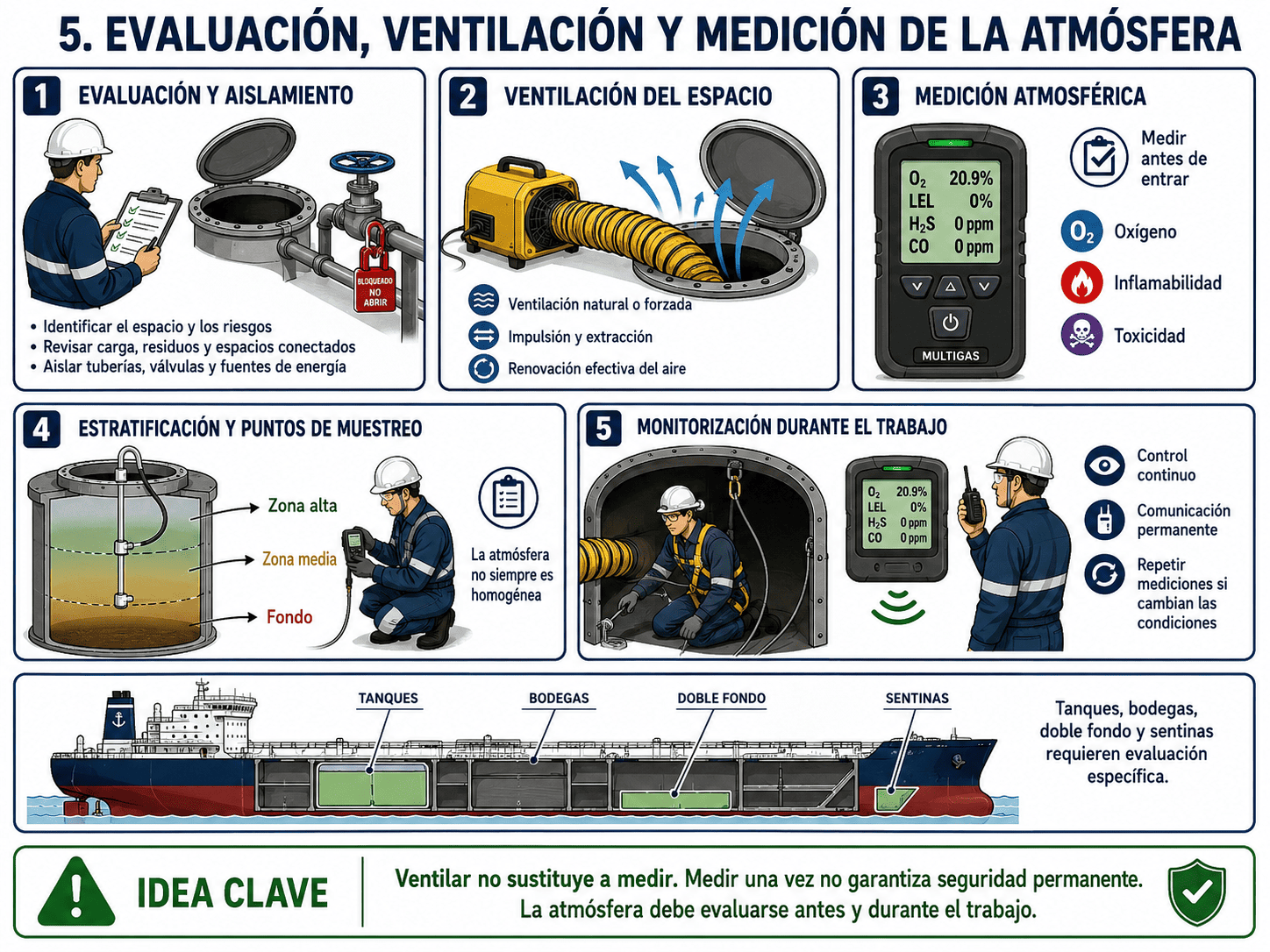 Espacios Cerrados o Confinados en Buques: Riesgos, Entrada Segura, Equipos y Normativa 23 Infografía Evaluación, ventilación y medición de la atmósfera en espacios confinados a bordo de un buque, incluyendo aislamiento, muestreo y monitorización