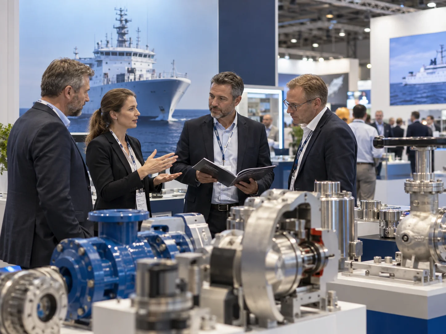 Cómo Conseguir Clientes para una Empresa Naval: Estrategias de Captación B2B 7 Representantes de empresas navales estableciendo contactos comerciales durante una feria internacional del sector marítimo.