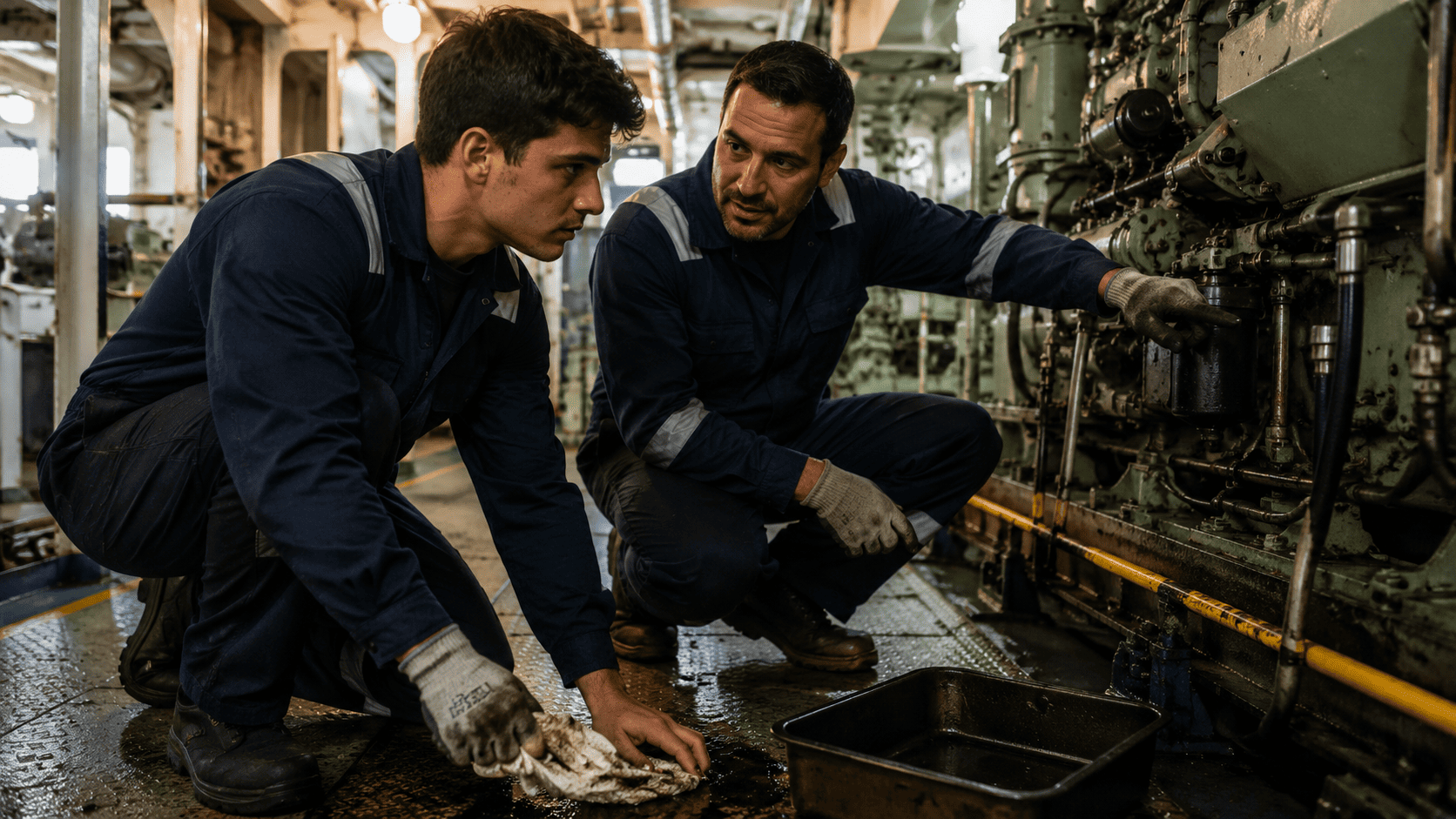 Nuevo marino aprendiendo tareas de mantenimiento y limpieza en la sala de m&aacute;quinas durante su primer embarque.