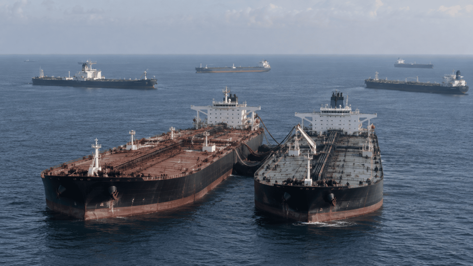 Flota fantasma marítima con varios petroleros y operación ship-to-ship en alta mar