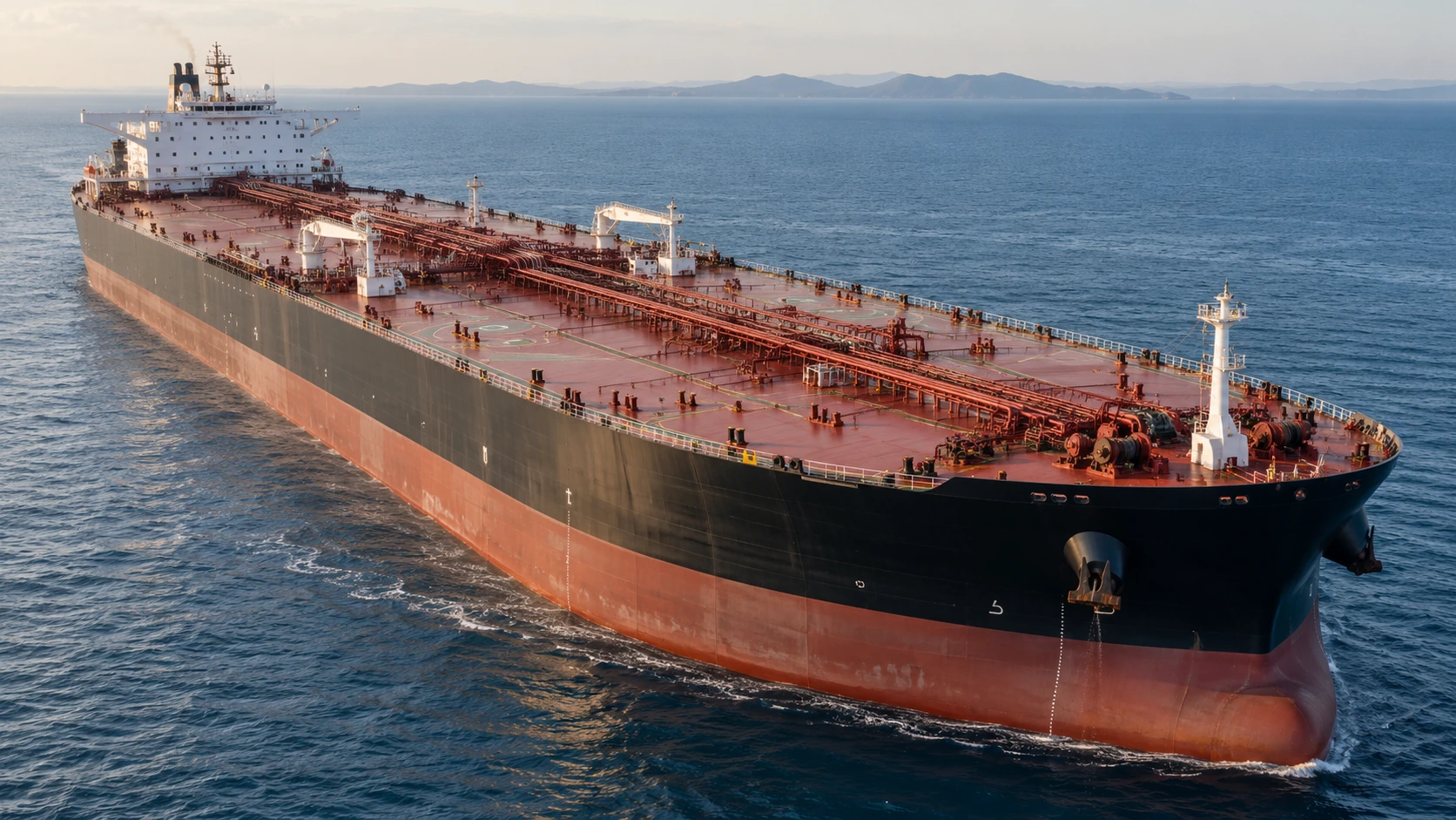 Superpetrolero VLCC navegando en alta mar con cubierta de carga, tuberías y sistemas utilizados en el transporte de petróleo.
