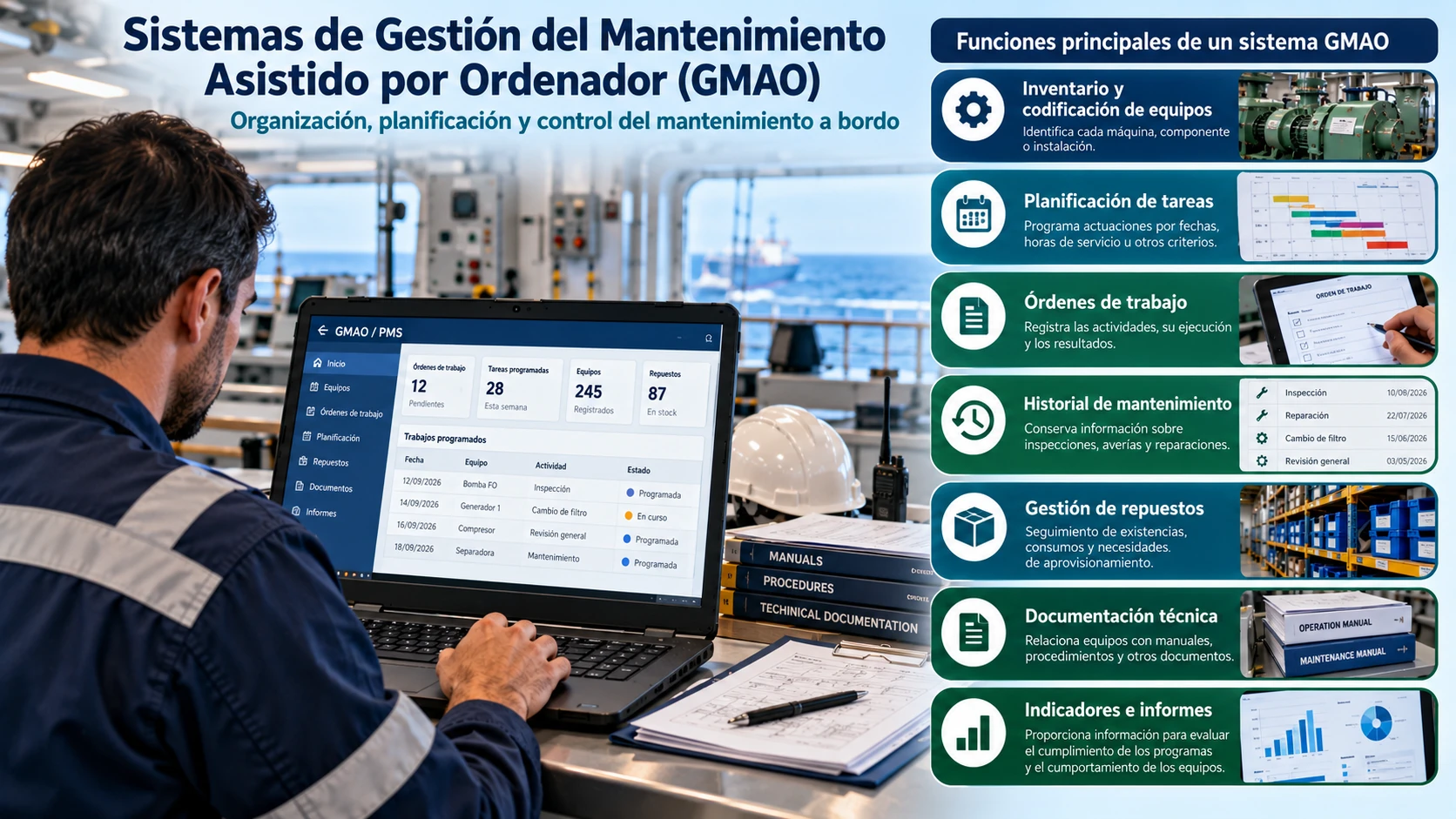 Mantenimiento Naval: Guía Completa del Mantenimiento del Buque 13 Infografía sobre los sistemas GMAO para el mantenimiento naval, mostrando la planificación de tareas, órdenes de trabajo, gestión de repuestos, inventario de equipos e indicadores de mantenimiento.