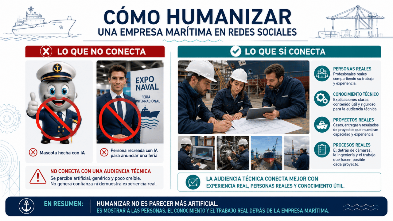 Redes Sociales para Empresas Marítimas: Estrategia de Marketing para el Sector Naval 11 <strong>Fuente:</strong> <em>Elaboración propia de Ingeniero Marino. Infografía sobre cómo humanizar una empresa marítima en redes sociales, mostrando qué tipos de contenidos artificiales no conectan con la audiencia técnica y qué enfoques profesionales generan más credibilidad, cercanía y confianza: personas reales, conocimiento técnico, proyectos reales y procesos de trabajo.</em>