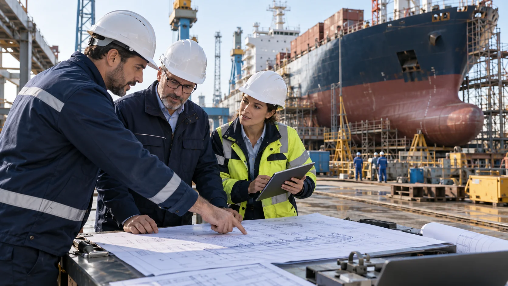 Cómo Conseguir Clientes para una Empresa Naval: Estrategias de Captación B2B 9 Cómo conseguir clientes para una empresa naval: profesionales del sector marítimo analizando planos técnicos en un astillero.