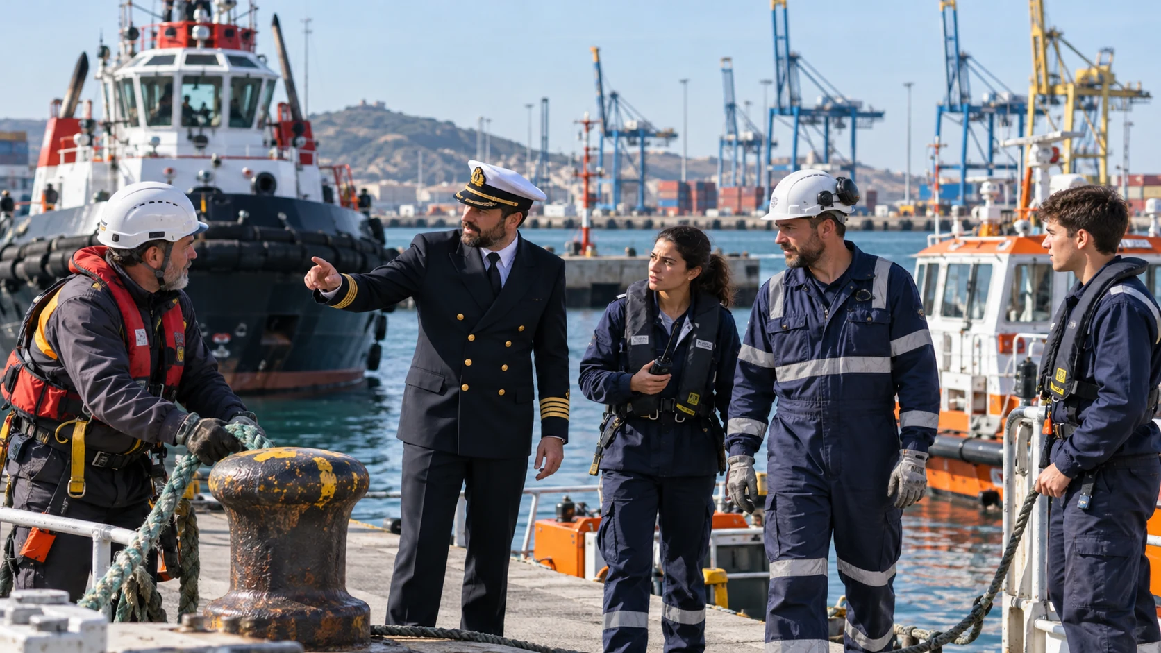 Ingeniero Marino 11 Profesionales de la Marina Mercante española, incluidos capitanes, oficiales y mecánicos navales, reunidos en un puerto ante los cambios en las titulaciones profesionales de 2026.