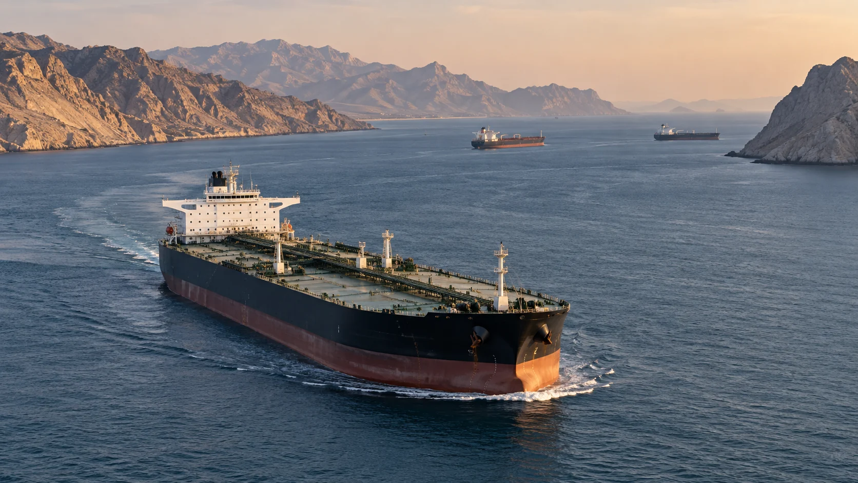 Superpetrolero navegando por el estrecho de Ormuz, ruta estratégica para el transporte de petróleo mundial y el comercio marítimo de crudo.