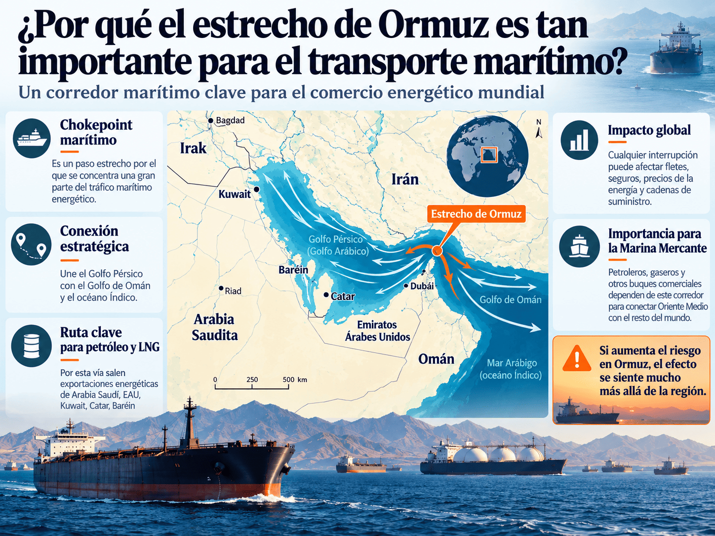 85 ataques a buques mercantes en 2026: ¿se está normalizando atacar a la Marina Mercante? 6 Infografía sobre la importancia del estrecho de Ormuz como corredor estratégico para el transporte marítimo y energético