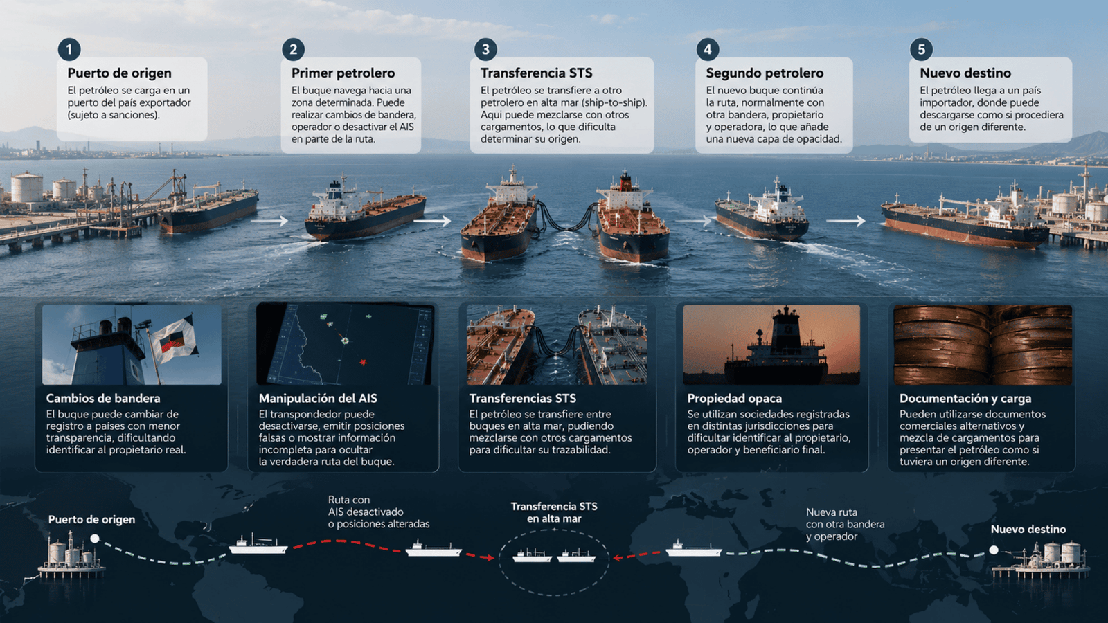 La Flota Fantasma ya Supera los 1.300 Buques: ¿Estamos Creando un Sistema Marítimo Paralelo? 7 Infografía sobre AIS, transferencias STS y cambios de bandera que muestra cómo se pierde el rastro del origen del petróleo