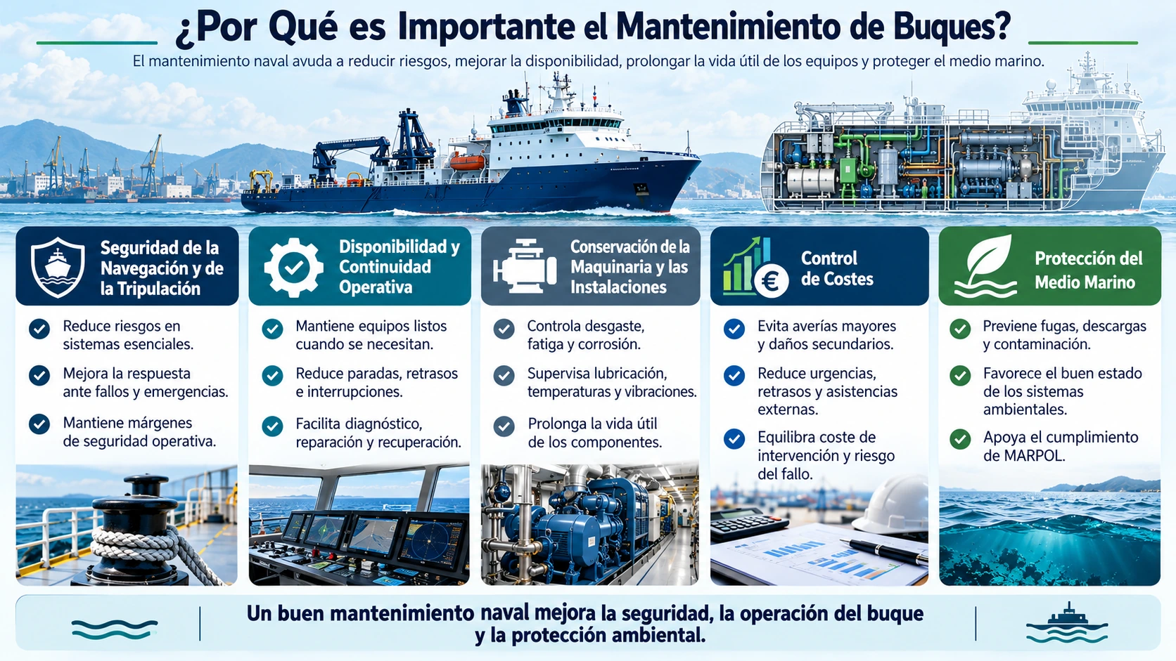 Mantenimiento Naval: Guía Completa del Mantenimiento del Buque 3 Infografía sobre la importancia del mantenimiento de buques, incluyendo seguridad, disponibilidad, conservación de la maquinaria, control de costes y protección del medio marino.