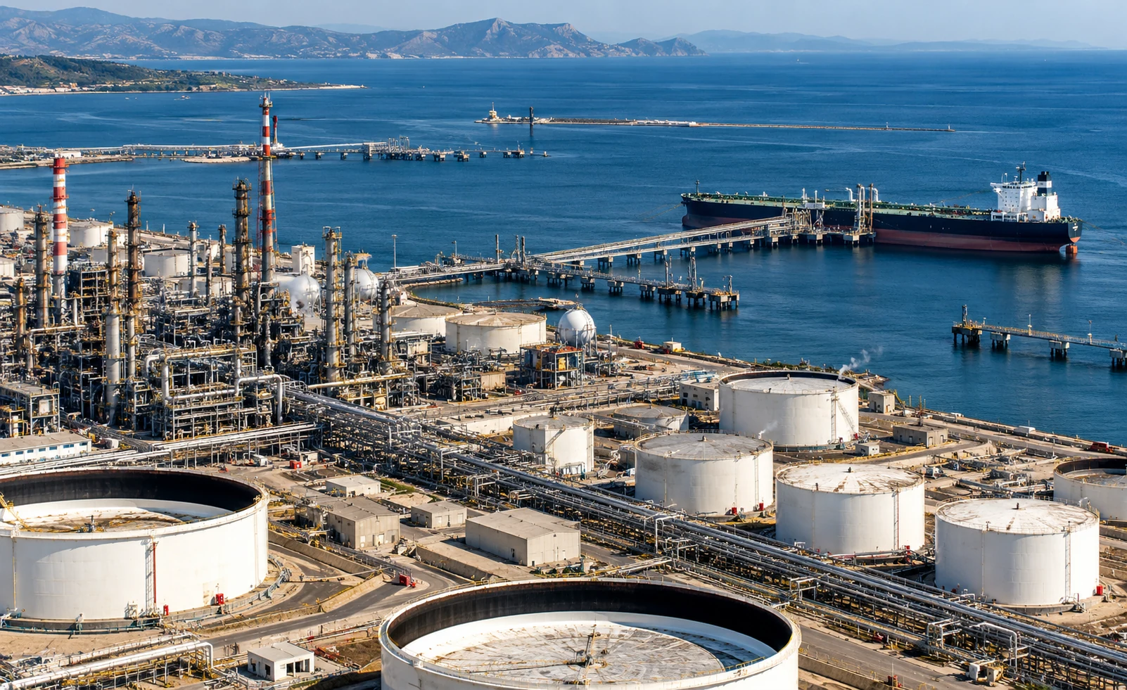 Refinería costera con tanques de almacenamiento y un buque petrolero atracado en una terminal marítima para el transporte de petróleo.