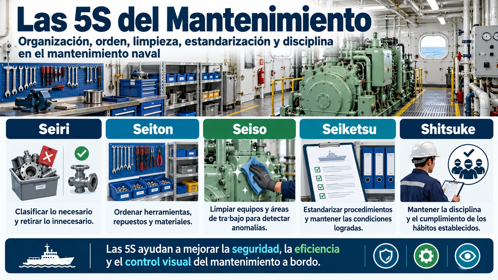 Mantenimiento Naval: Guía Completa del Mantenimiento del Buque 9 Infografía sobre las 5S del mantenimiento naval: Seiri, Seiton, Seiso, Seiketsu y Shitsuke, aplicada a la organización, orden, limpieza, estandarización y disciplina en el mantenimiento a bordo.