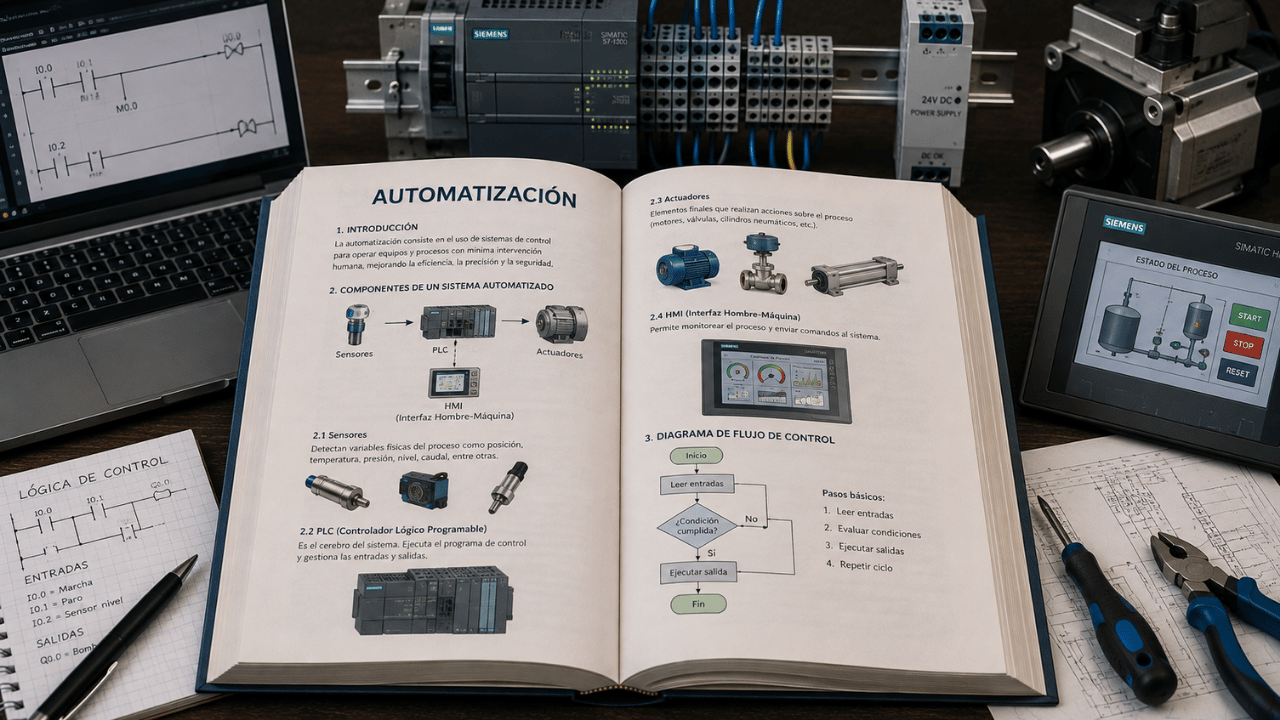 Libro de automatización abierto con PLC, sensores, actuadores, HMI y lógica de control industrial