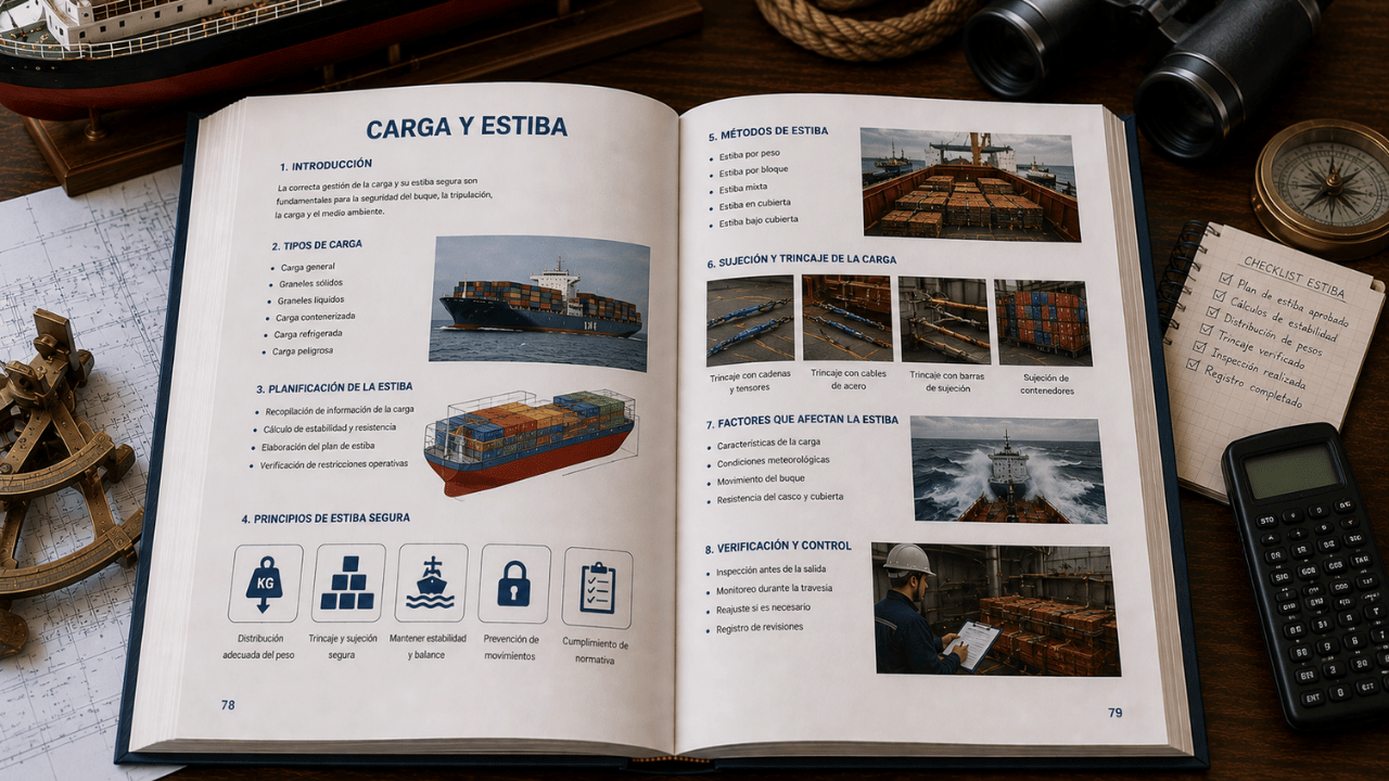 Libro de carga y estiba abierto con planificación de la carga, distribución de pesos, trincaje y métodos de sujeción a bordo