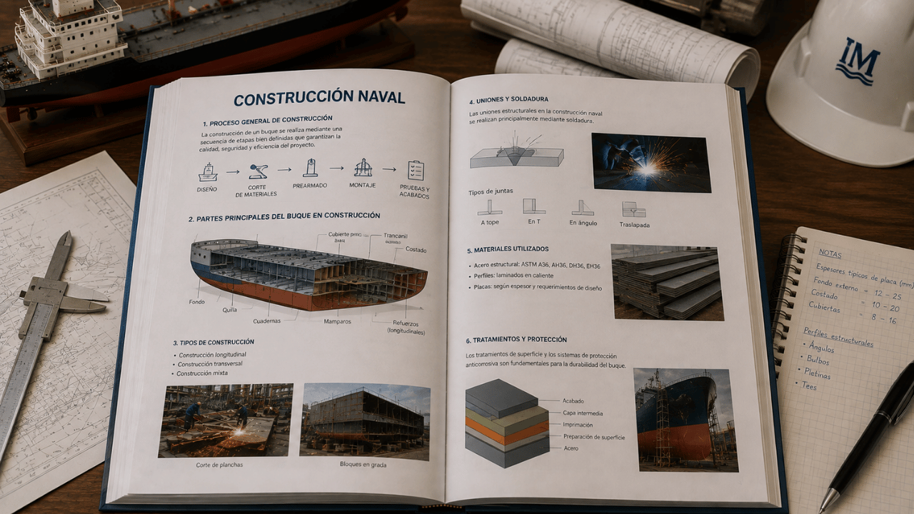 Libro de construcción naval abierto con estructura del buque, procesos de montaje, soldadura, materiales y protección anticorrosiva