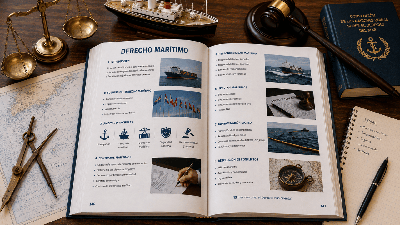 Libro de derecho marítimo abierto con contratos, responsabilidad, seguros, contaminación marina y resolución de conflictos