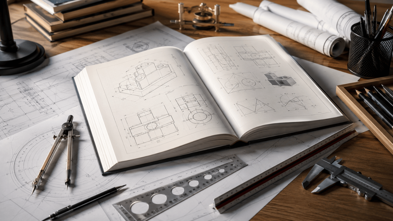 Libros de dibujo técnico con planos, compás, reglas y herramientas de representación gráfica