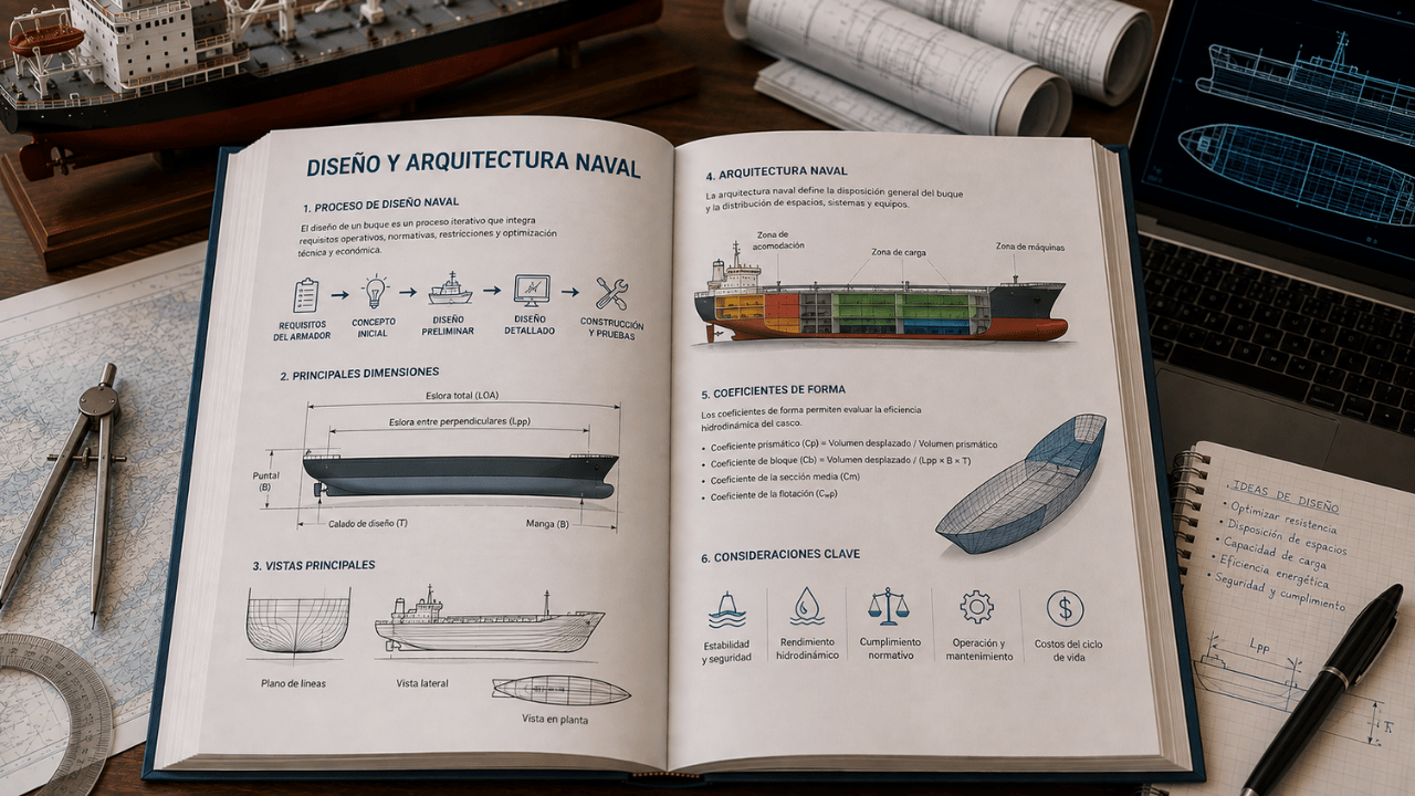 Libro de diseño y arquitectura naval abierto con proceso de diseño, dimensiones principales, planos del buque y distribución de espacios