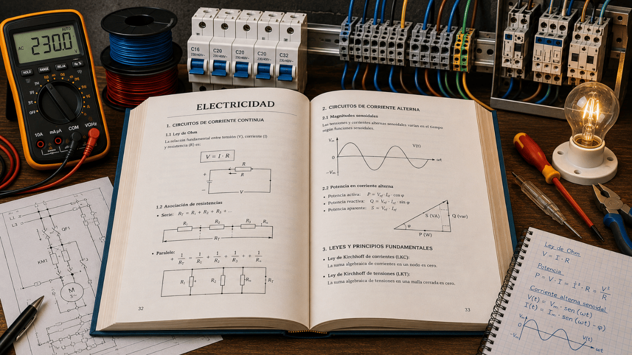 Libro de electricidad abierto con circuitos, multímetro, cableado, protecciones eléctricas y herramientas de estudio