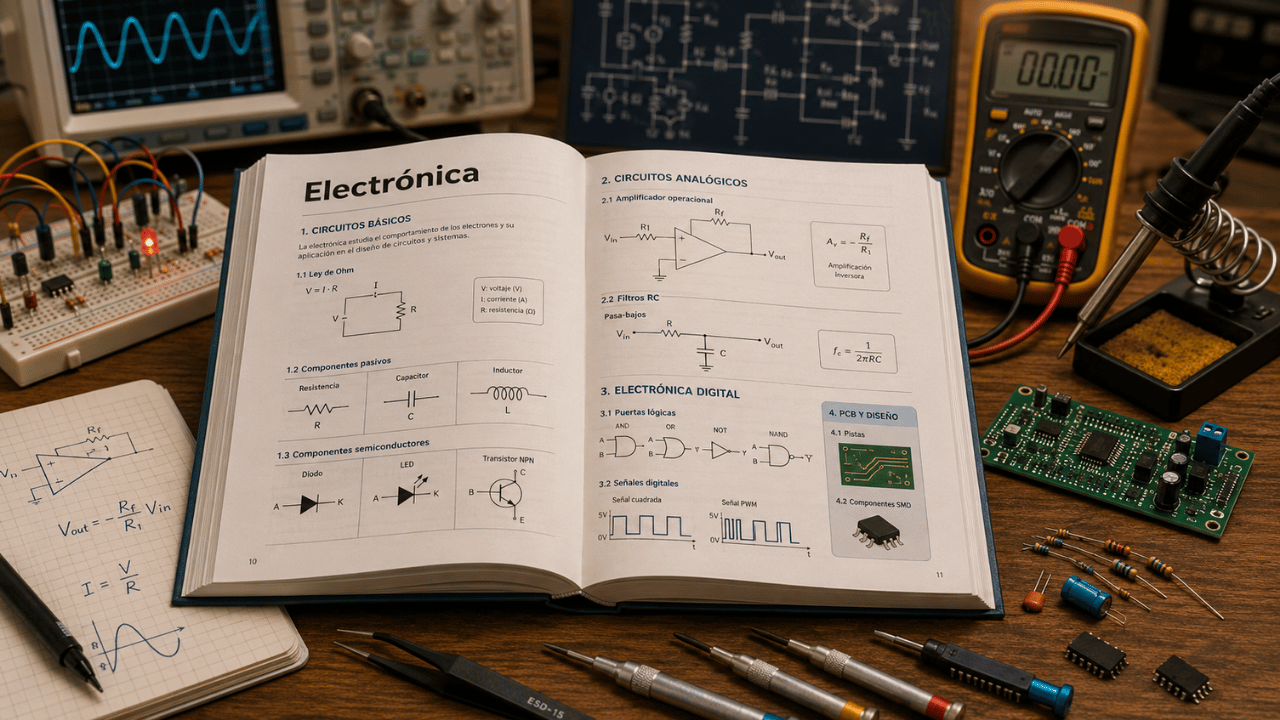 Libro de electrónica abierto con circuitos, componentes, placa PCB, multímetro y herramientas de laboratorio