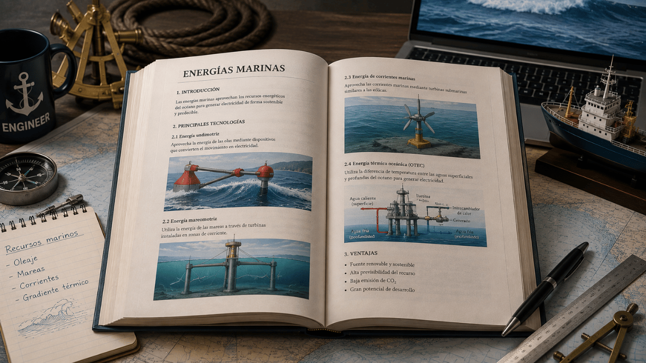 Libro de energías marinas abierto con ilustraciones de energía undimotriz, mareomotriz, corrientes marinas y energía térmica oceánica